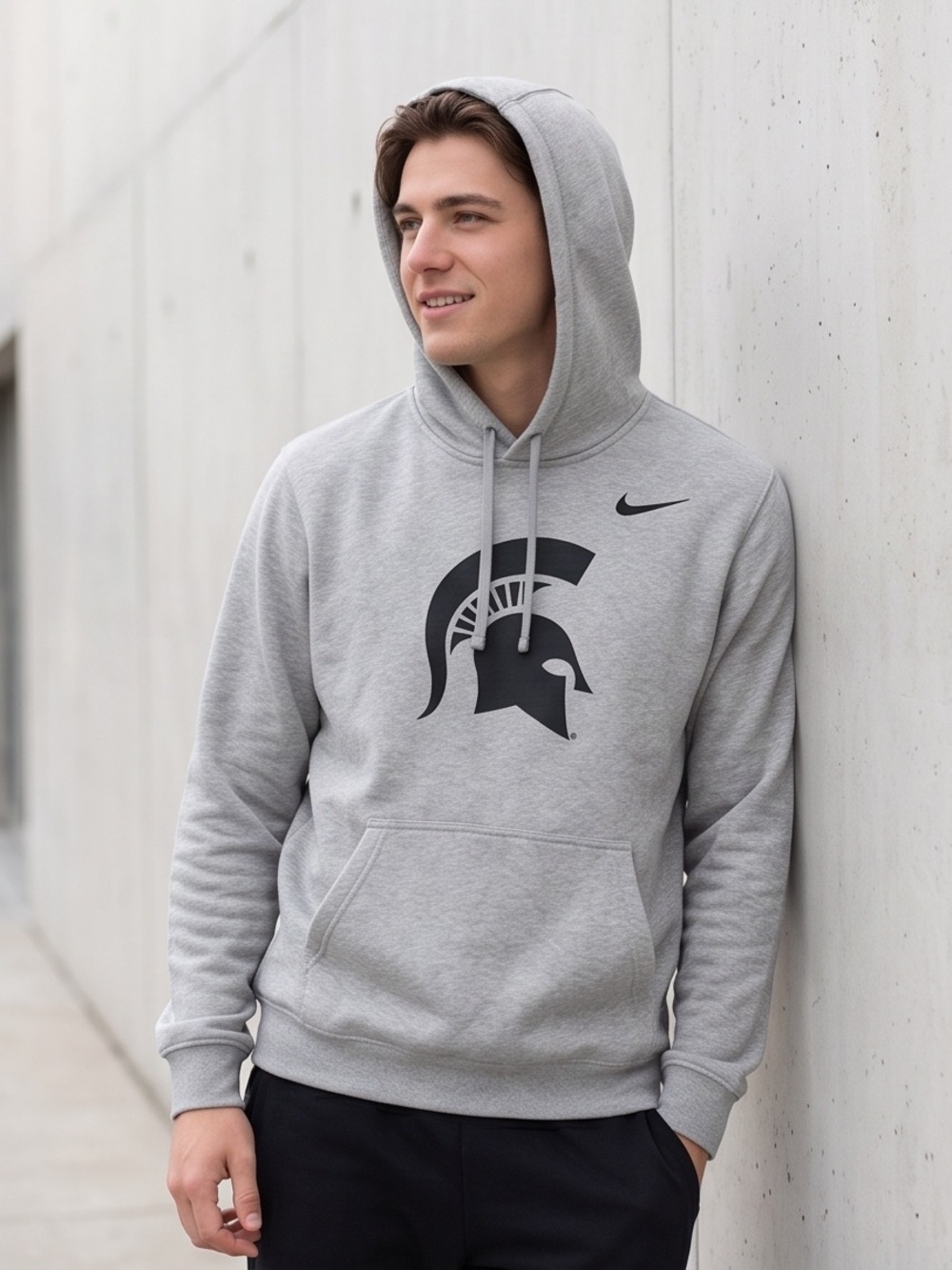 Nike Light Gray Hoodie with Black Spartan Logo